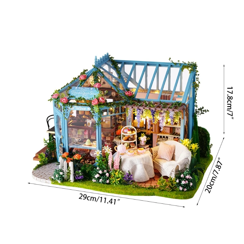 Lutke Miniaturni s Pohištvom, DIY Lesene Lutke Kit Music Box , 1:25 Drobne Hiša Stavba Kit (Čaj Hiši)