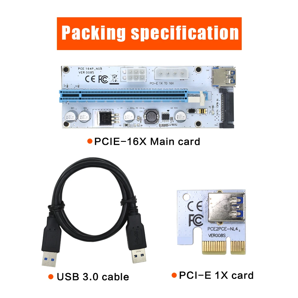 10pcs TISHRIC VER008S 3 v 1 4Pin Molex SATA 6PIN PCIE PCI-E PCI Express Kartico Riser 008 1x do 16x USB 3.0 Kabel Za Rudarstvo Rudar