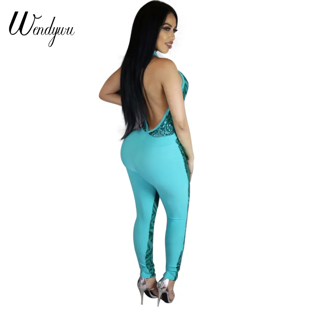 Wendywu Nov Prihod Seksi Razgradnje Povodcem Solid Blue Sequined Bodycon Dolgo Jumpsuit za Ženske