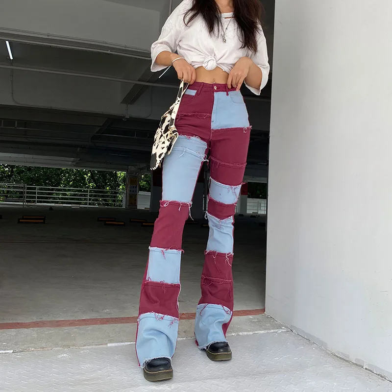 IAMSURE Colorblock Visoko Pasu Priložnostne Jeans Hlače Ženske 2020 Nove Ulične Mode Mozaik Y2K Ženski Boot Cut Hlače