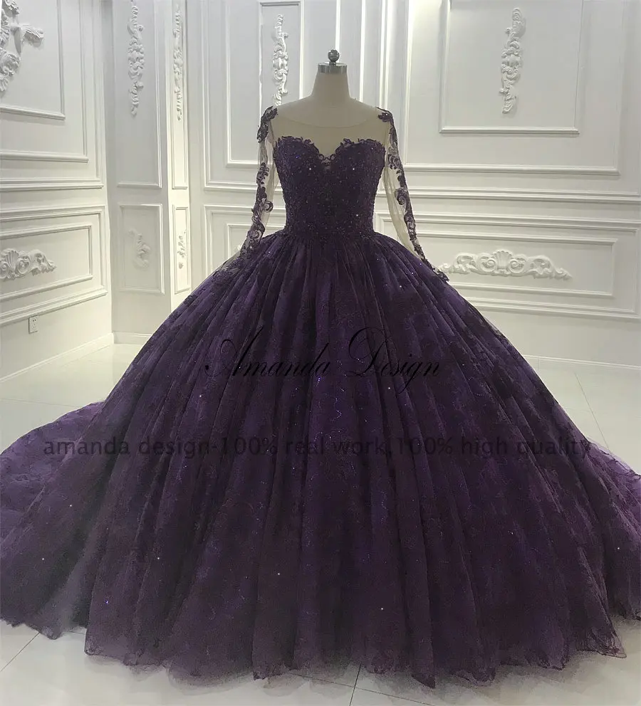 Neverjetno high-end poročno obleko vijolične čipke poročno obleko dolgo vlak poročne poročno obleko