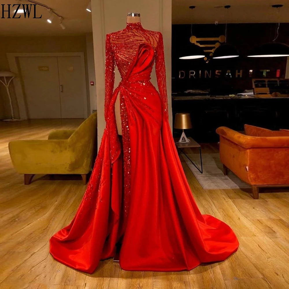 2020 Bleščeče Rdeče Večerne Obleke Visoko Stegno Režejo Visok Ovratnik Ruched Beading Maturantski Halje Tiste Formalne haljo de soiree