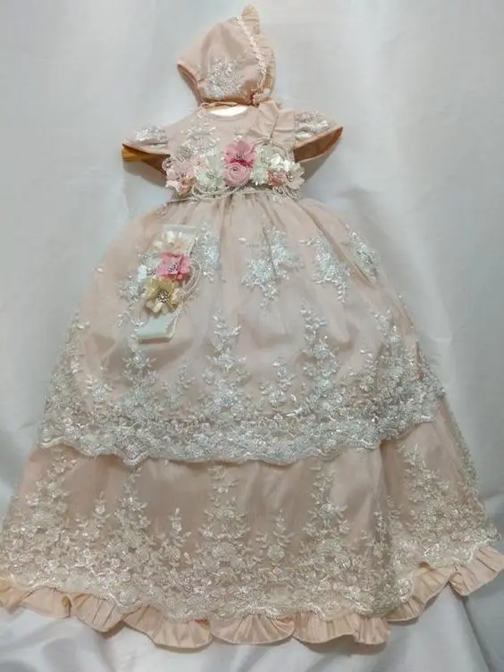 Šampanjec Baby Dekleta Dolgo Krst Obleke Dojenčka, Malčka Dekleta Krst Obleko s Pokrovom Novorojenčka S Cvetličnim Aplicirano
