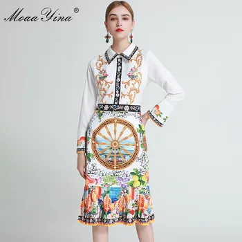 MoaaYina Modni Oblikovalec obleko Pomlad Jesen Žensk Obleko z Dolgimi rokavi limonin sadje Cvjetnim Natisni Slim Počitnice Obleke