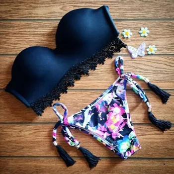 2019 Ženske Bikini Komplet Seksi Modrček Cvetlični kopalke za dekleta Push-up Kopalke Črne ženske, plavanje obleko costumi da bagno donna