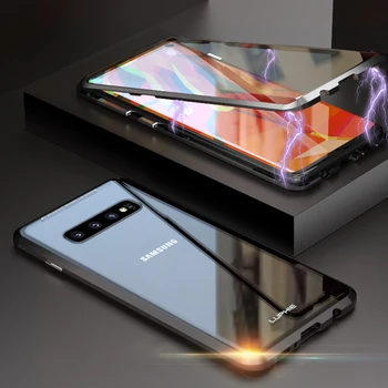 Za celotno Telo, Dvojno Stransko Steklo Magnetni Kovinsko Ohišje za Samsung Galaxy S10 Plus 9 Opomba 9 S10 Kaljeno Steklo 360 Odbijača Primere,