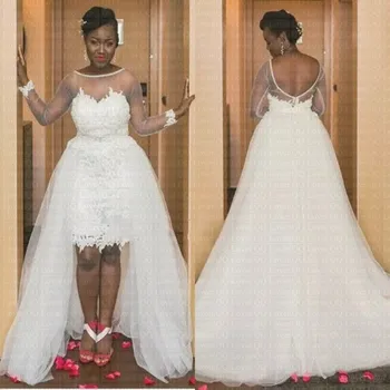 2019 Državi Poročne Obleke s Snemljivo Vlak Poročno Obleko, 2 V 1 Iluzijo Dolgimi Rokavi Odpiranje Nazaj Afriške Poročne Oblek