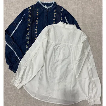 Johnature Novo Vintage Mori Vezenje Floarl Svoboden Denim Srajce 2021 Pomlad Jesen Nepravilna Barva Žensk Bluze