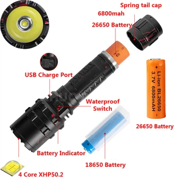 High Power XHP50.2 LED Svetilka Xlamp Lov L2 Vodotesno Svetilko 5 Načini Lanterna USB Polnilne Taktično Luč Za na Prostem