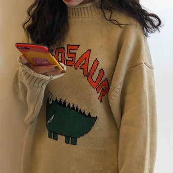 Harajuku zimski modni letnik ženske smešno pismo tiskanje o-vratu pulover z dolgimi rokavi ohlapno pleteno prevelik pulover ženske
