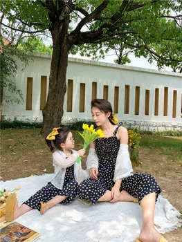 Starši-otrok, nastavite starš-otrok poletne počitnice slog trak širok noge hlače starši-otrok, korejski šifon obleko