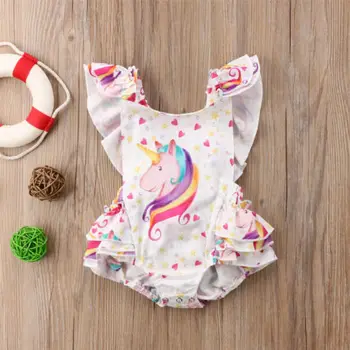 Poletje Novorojenih Otrok Dojencek Dekliška Oblačila Ruffles Samorog Romper Jumpsuit Obleke Obleke Sunsuit