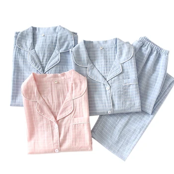 Novo kariran nekaj sleepwear ženske čistega bombaža pižame, moške in ženske doma sleepwear priložnostne bombaž dolgo rokavi ženske pižame