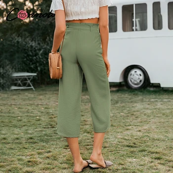 Conmoto trdna zelena priložnostne poletje hlače ženske krila lok visoko pasu hlače femme širok noge počitnice na plaži 2020 femme hlače