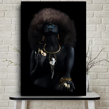 Puhasto Dlako Afriško Črno Ženske Zlati Prst Oljna slika na Platnu Plakatov in Fotografij Stenske Slike za dnevno Sobo Cuadros