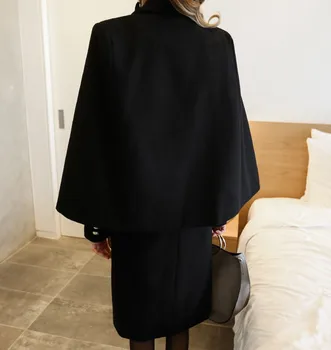 2020 Nove Zimske Ženske Črna Tweed Vrhnja Oblačila Modni Dvojno Zapenjanje Dolg Rokav Cape 2 Kos Znižuj Ovratnik Volna Plašč