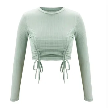 Off ramenski vrhu Ženska Priložnostne Trdna Vrvico Design Dolg Rokav Vrhovi Bluzo Čipke blusas mujer de moda 2020 roupa feminina