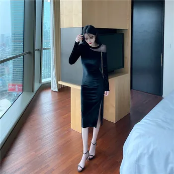 Pravi strel seksi šivanje očesa split zlato žametno črno obleko 2019 novo modno oblikovanje obleko