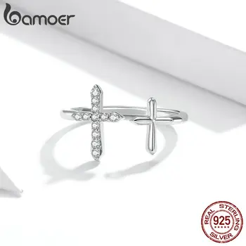 Bamoer Resnično 925 Sterling Silver Shine Križ Prst Obroči za Ženske Band Posla Izjava o Poročni Nakit Anel SCR680