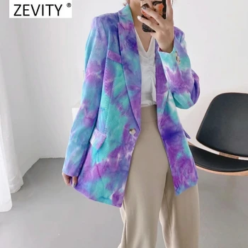 Zevity ženske letnik tie-barvanje, tiskanje prosti čas jopič zarezo ovratnik retro žensko en gumb vzročno outwear obleke plašč vrhovi C543
