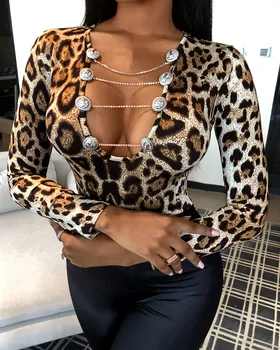 2020 Jesen Pomlad Ženske Modni Elegantno Seksi Cheetah Tiskanja Izrezanka Gumb Design Vrh Kvadratnih Vratu Verige Sponke Slim Fit