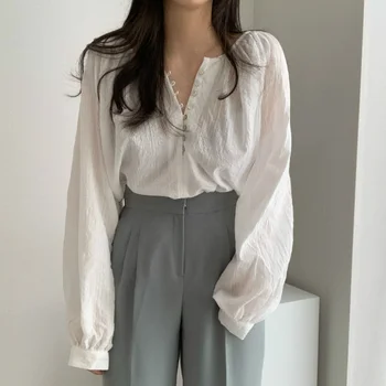Francoski Stil Vintage Bela Dolgimi Rokavi Ženske Majice Bombaž, Single-zapenjanje Puff Rokavi Ženske Bluzo Obleke za Ženske 11021