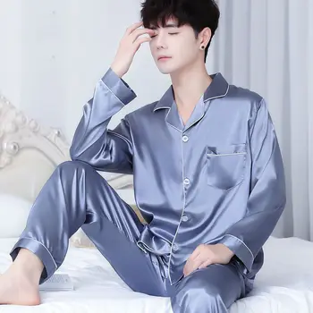 2020 Novih Moških Madeže Svile Pajama Nastavite Moških Svile Sleepwear Moške Seksi Sodobno Mehko Udobno Saten Nightgown Moški Kompleti