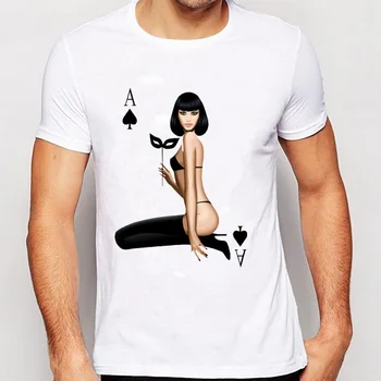 2019 Novih Moških Kratek Rokav Lucky Lady Hazarder Tisk T-Shirt fant t-shirt Novost Poker Design Dve Seksi Dekle Tees Priložnostne Vrhovi
