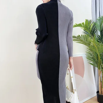 LANMREM 2021 Jeseni novo Naguban Proti-vrat Kontrast Barve Slim Flare Pasu Dolgo sleeved Mid-tele Dolžina Črno Obleko Za Ženske 2A2548