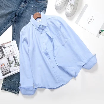 AYAOZTT Moda Oxford Bluze River Dolg Rokav Urad Majice Ženske Barva Gumbov Bluzo Priložnostne Črna In Bela In Modra