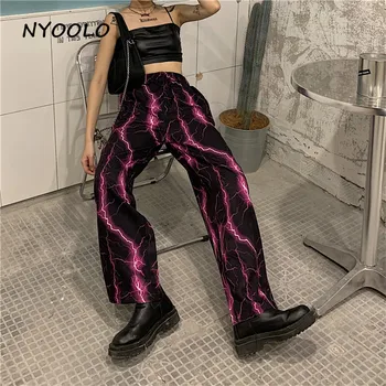NYOOLO Priložnostne ulične visoke pasu Strele vzorec hip hop Širok Noge Hlače ženske Harajuku svoboden elastični pas jogger hlače