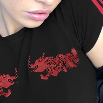 Dragon Print Crop zgornji deli oblačil Za Ženske do leta 2020 Poletje Slim Fit Majica Odrezana Bombaža T-shirt Črna O-vratu Kratek Rokav Tee Shirt Femme