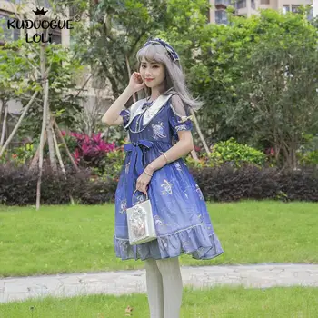 Japonski Slog Lolita OP Obleko Tea Party Bowknot Ruffles Kratek Rokav Star Vzorec Natisnjene Ženske Cosplay Stranka Maturantski Poletje