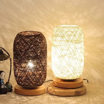 Ustvarjalne zatemniti LED nočna lučka masivnega lesa, vrvic Sepak takraw namizno svetilko konoplje žogo mala namizna svetilka spalnica postelji osebnost