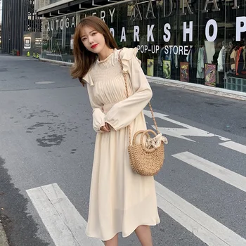 2020 Pomlad Novo Korejski Obleki Ženske Francoski Vitek, Dolg Rokav Elastični Pas Preprosto Trdno - Line Obleko Eleganten Ženski Vestidos