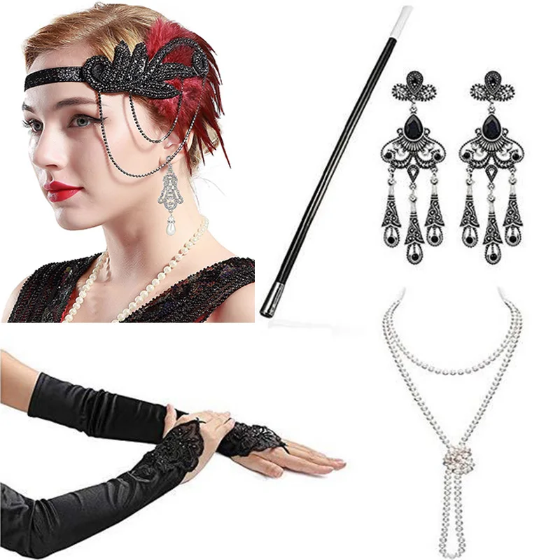 2021 Novo podobo Žensk cosplay trakovi ogrlica rokavice uhan nastavite zaklopnica kostum 1920 Veliki GATSBY Halloween Dodatki