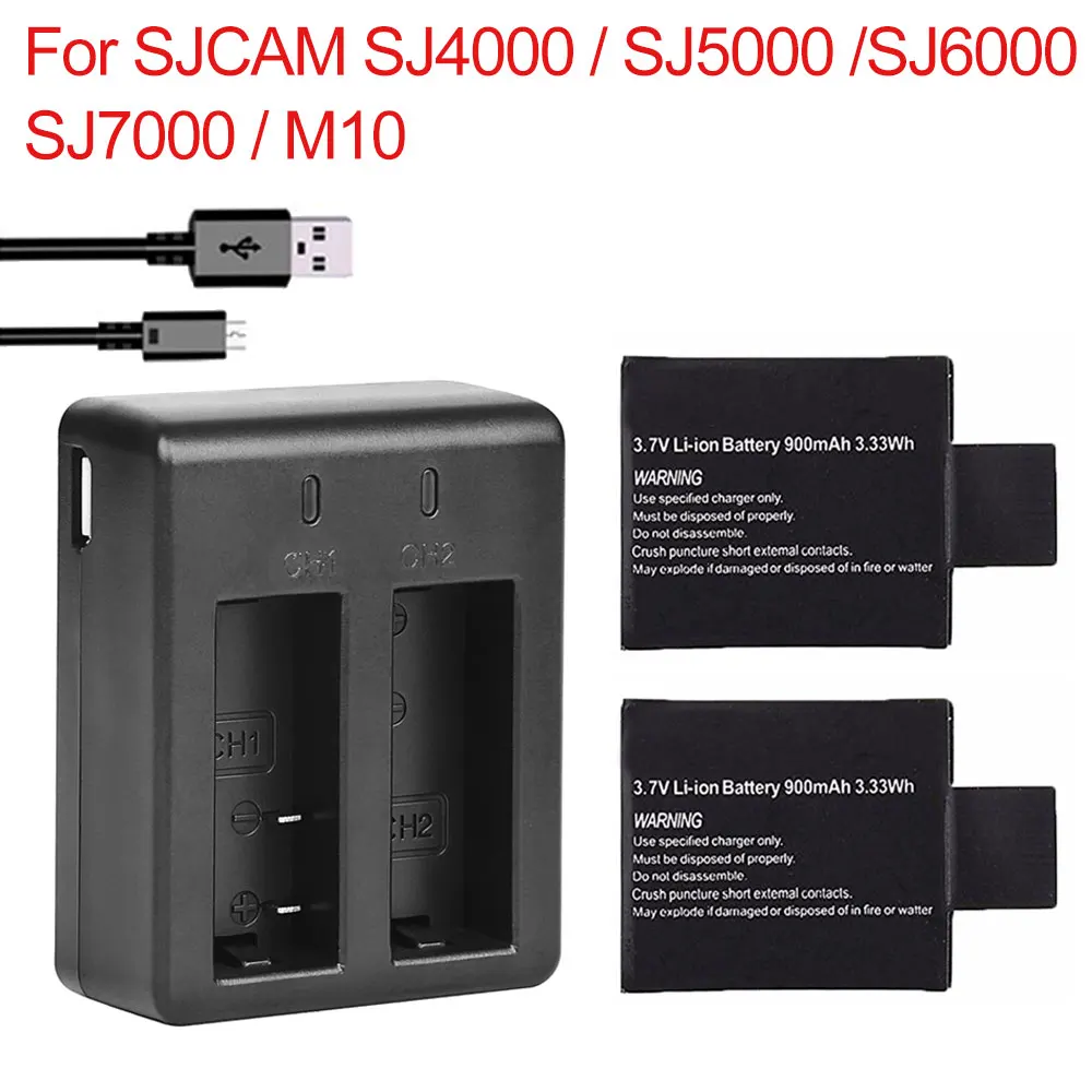 2Pcs 900mAh SJ4000 SJ5000 SJ6000 delovanje Fotoaparata Baterije + Dual Polnilec za SJCAM SJ 4000 5000 6000 M10 dodatno Opremo Fotoaparata