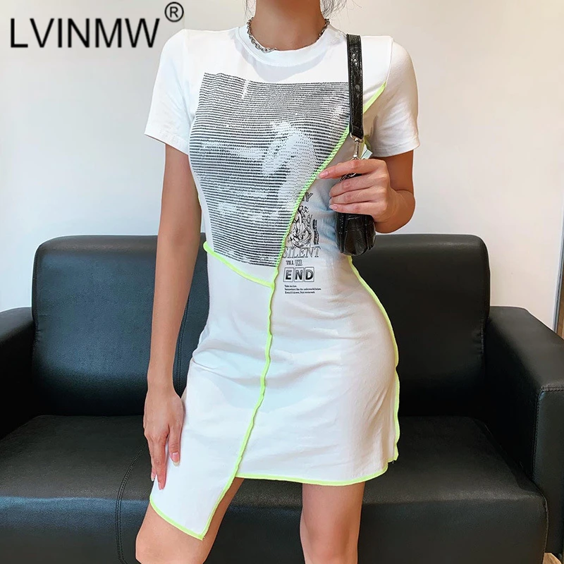 LVINMW Seksi O Vratu Kratek Rokav Tiskanja Slim Bodycon Mini Obleko Modne Mozaik Robom Asimetrična Obleka Ženska Ulične Opreme