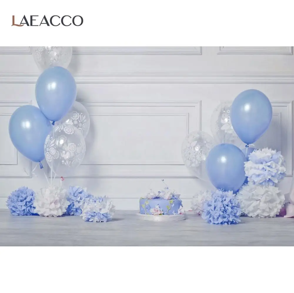 Laeacco White Elegantna Stenska Otroka Rojstni Dan Fotografija Ozadje Baloni Torto Newborn Baby Tuš Foto Ozadju Foto Studio