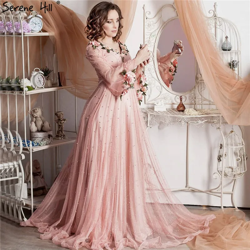 Princesa Seksi Modni Luč rokav Breskev, Roza Bleščicami Biseri Cvet-line Večerne Obleke Modni Slog Oblikovanja LA6342