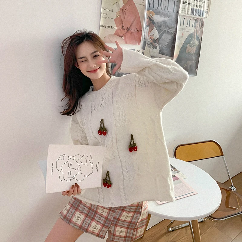 Cherry Appliques Ženske Priložnostne Pletene Priložnostne Puloverju Pulover Ženske 2020 Pozimi korejskem Slogu Dolg Rokav O-vratu Dame Vrh
