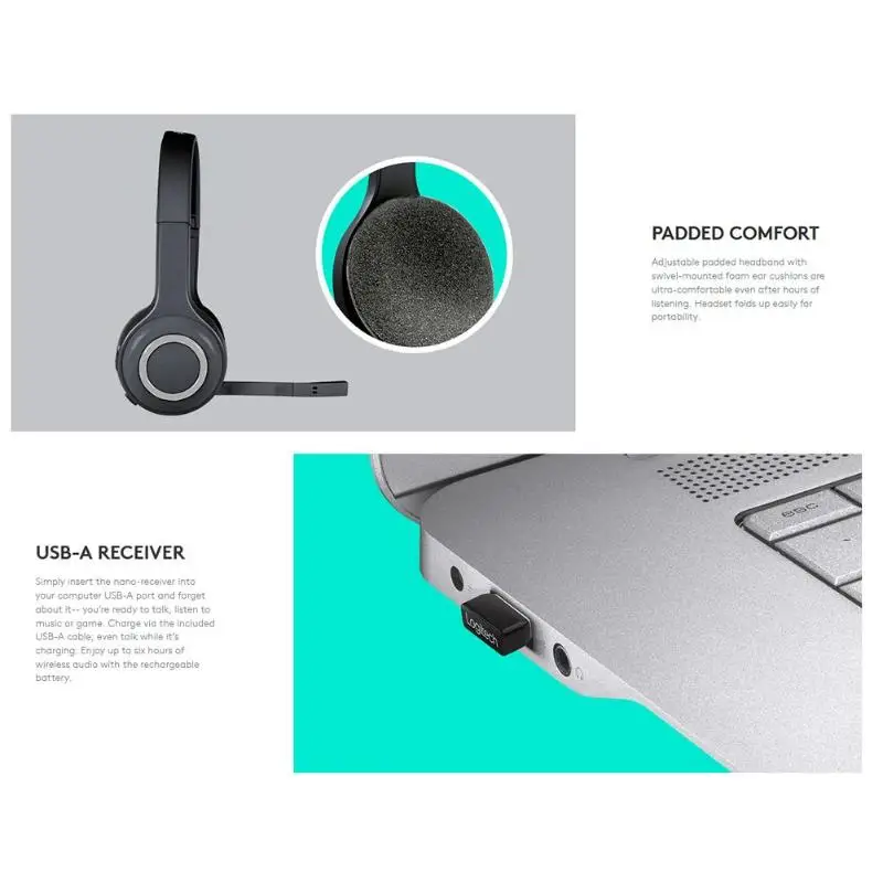 Logitech H600 Brezžične Slušalke S Hrupom Preklic MIC Nano Prenosne Igralne Stereo Slušalke z mikrofonom Za PC Win, MAC OS