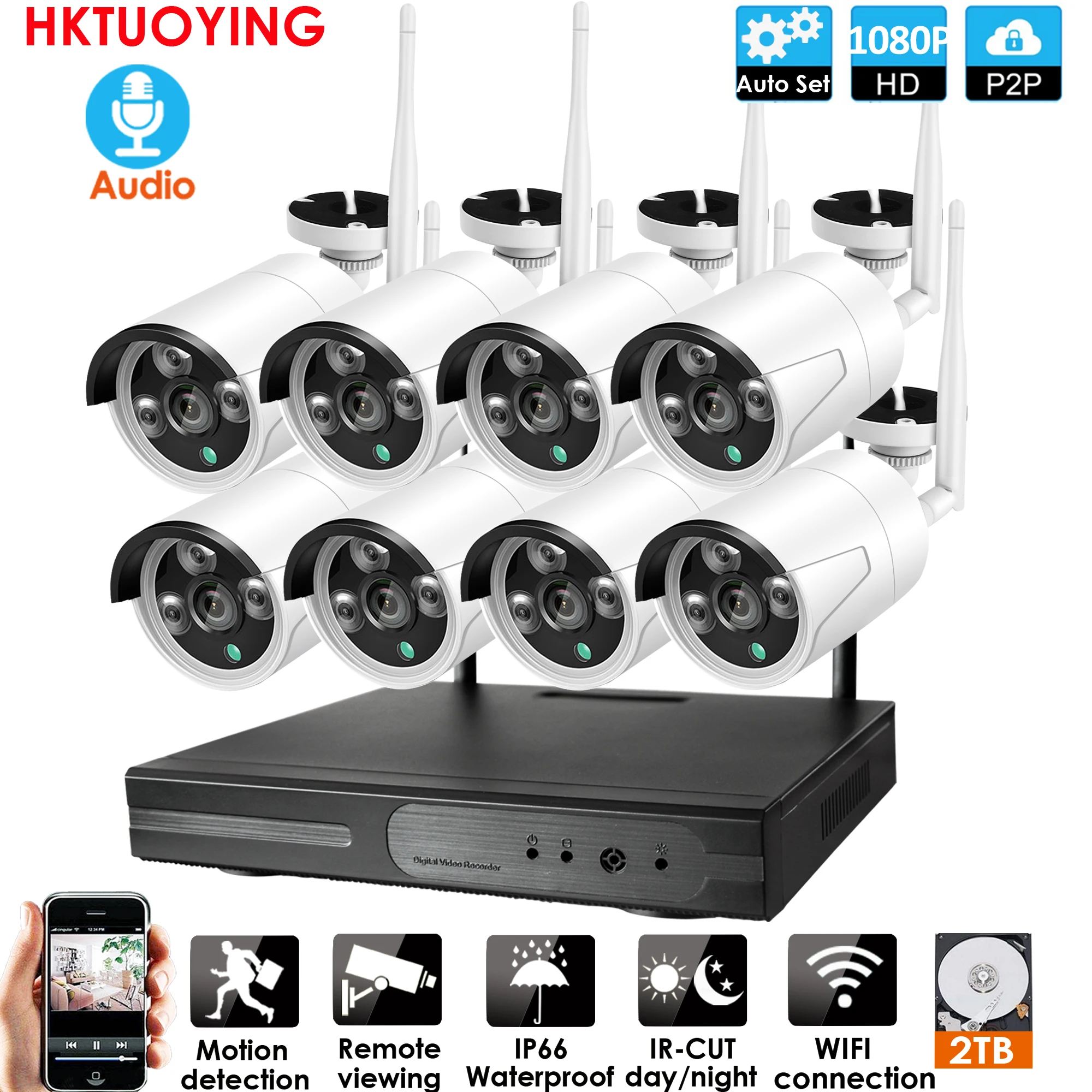 8CH Audio CCTV Sistema Brezžičnega 1080P NVR Zunanja notranja P2P Wifi IP CCTV Varnosti Audio 2.0 mp IP kamer za Nadzor Kit