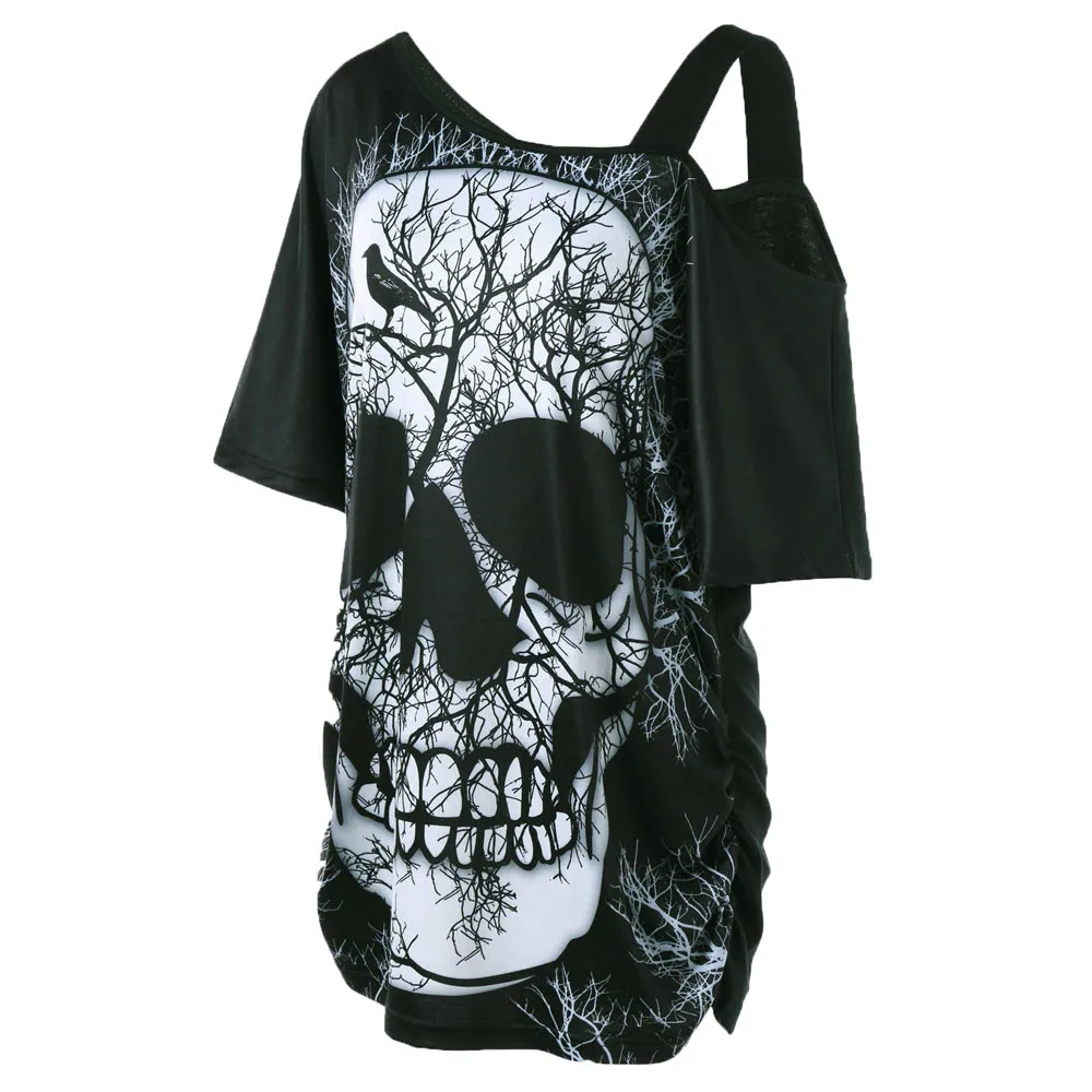 Halloween Lobanja, Tiskanje T-shirt Gothic Punk Off Ramenski Priložnostne Majice Kratek Rokav Ženski 2020 Moda Dolgo T-shirt Vrhovi Robe