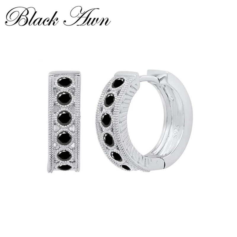 Črna Awn Nove Klasične 925 Sterling Srebro Krog Črna Trendy Spinel Udejstvovanje Obroči Uhani za Ženske Fine Nakit I182