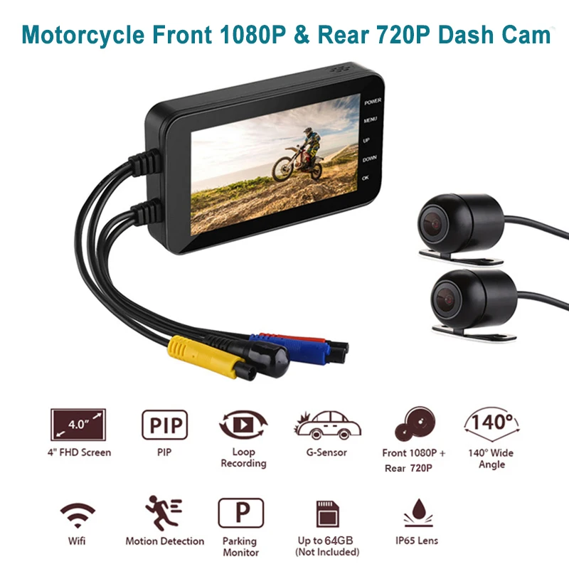 4 Palčni Motocikel DVR Wifi-Fotoaparat FHD 1080P Dash Cam Moto Nepremočljiva Dvojno Objektiv Spredaj Pogled od Zadaj Video Snemalnik 140 Stopinj