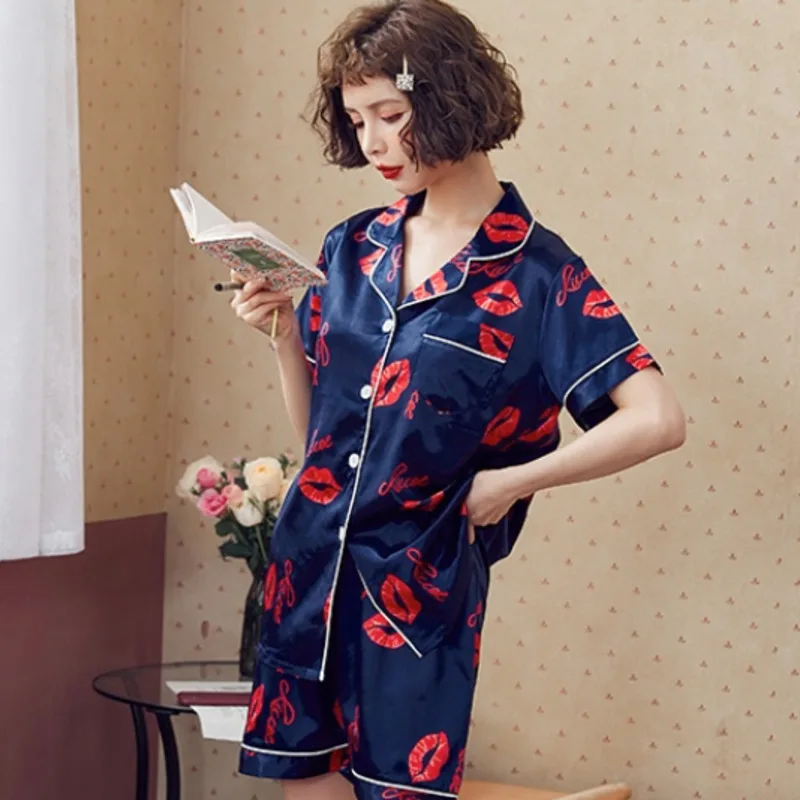 2020 Poletje Pižame Seksi Ledu Svile Ženske Pijama Mujer Verano Kratke 2 Kos Set Home Oblačila Plus Velikost Enotni-zapenjanje Tiskanje