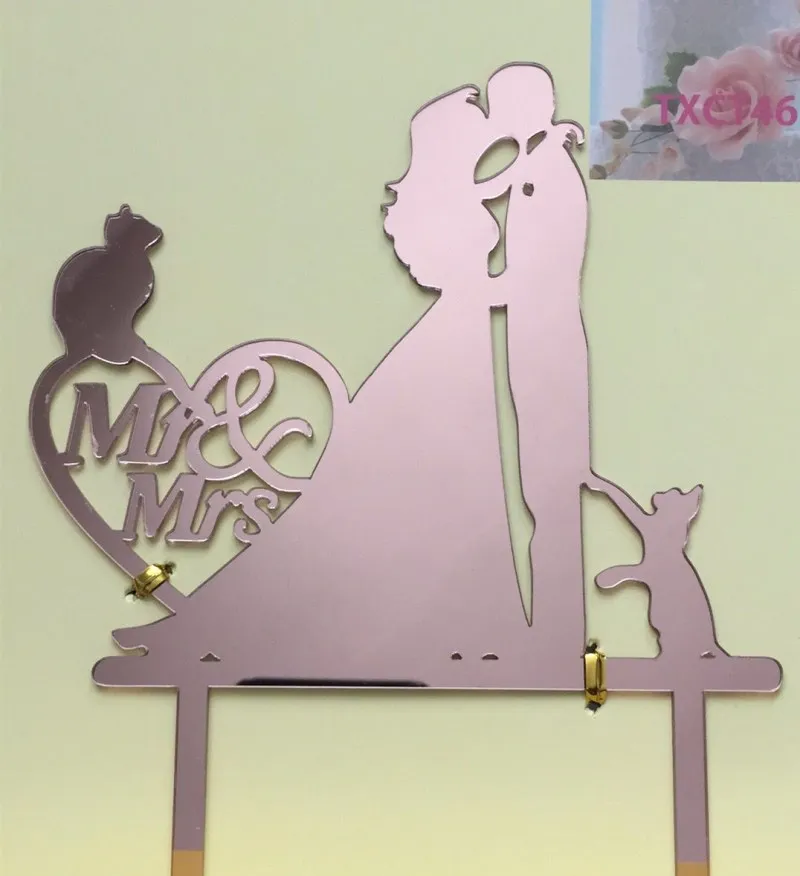 Črna Akril Poljubljanje Neveste in Ženina z 2 Mačke Poročna Torta Pokrivalo Mr & Mrs Toppers za Poročno Dekoracijo