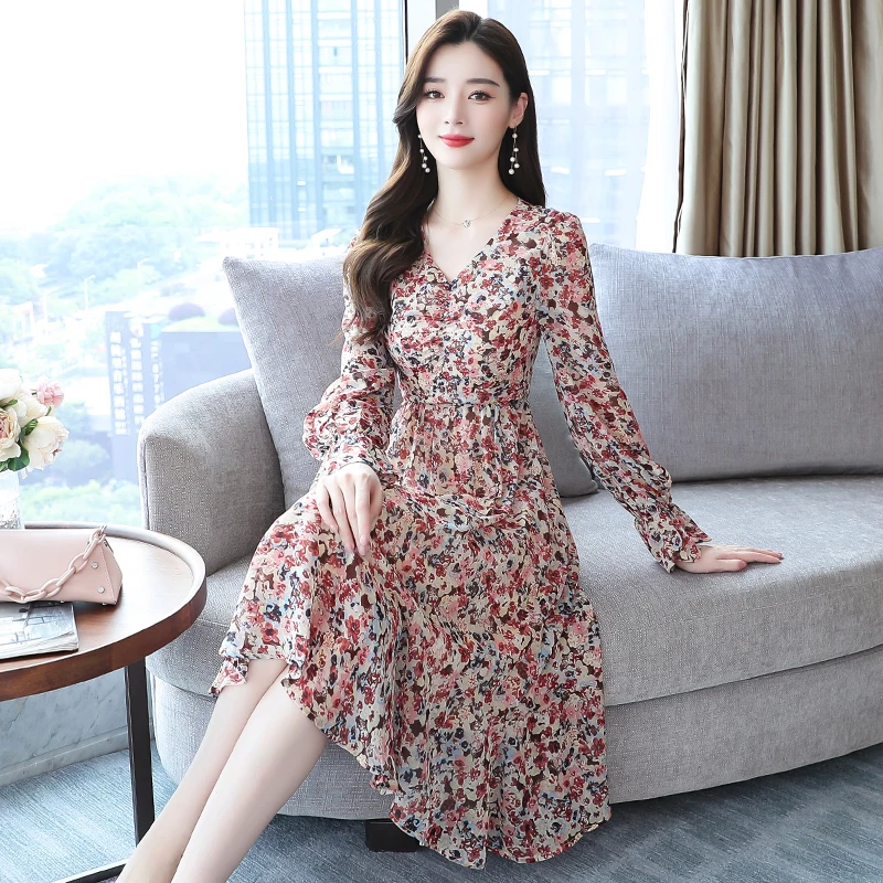 2021 Letnik Plus Velikost Dolg Rokav Obleke Jeseni, Pozimi Korejski Cvetlični Šifon Midi Obleka Ženske Elegantne Bodycon Stranka Vestidos