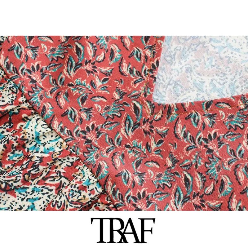 TRAF Ženske Elegantna Moda za Tiskanje Mozaik Midi Obleko Letnik V Vratu tričetrt Rokavi Ženske Obleke Vestidos Mujer